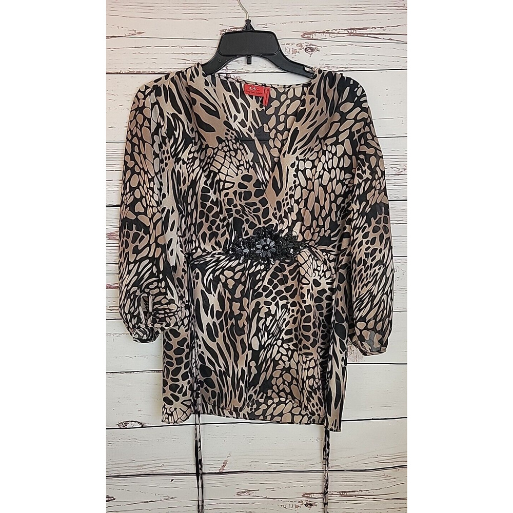Tape Measure Brown Leopard V-Neck Sequin Beaded 3/4 Sleeve Top Women's Sz Medium